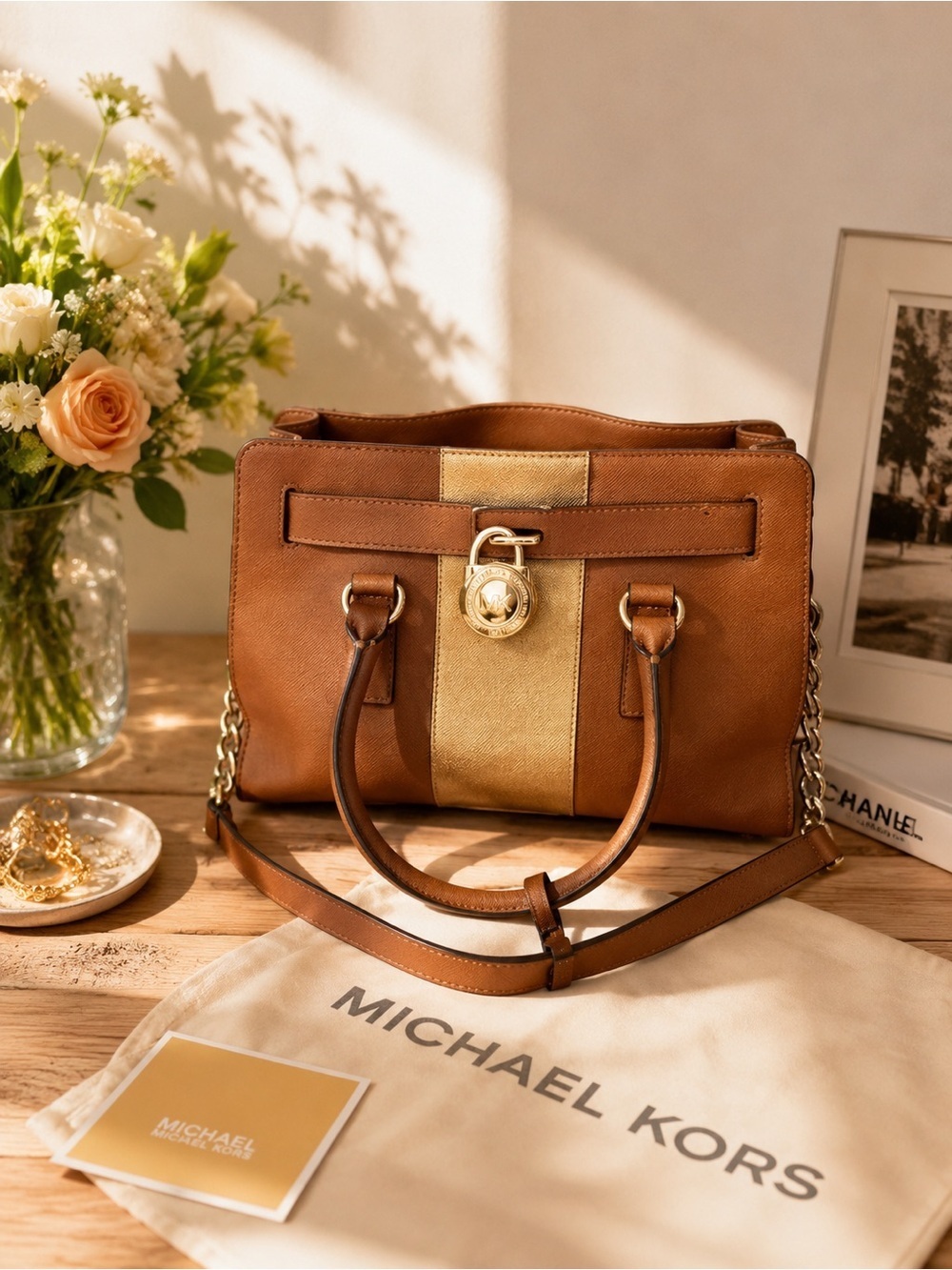 Michael Kors Hamilton Center Stripe Luggage Saffiano Satchel Crossbody Bag